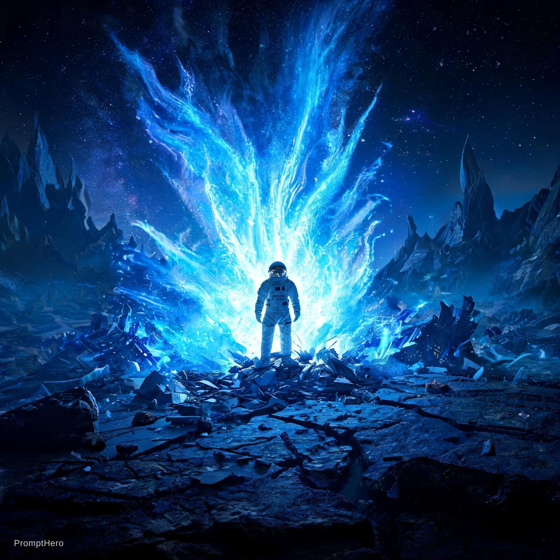 AI generated: Wide angle landscape shot. A massive burst of bright blue energy erupts from the ruins where the ast...