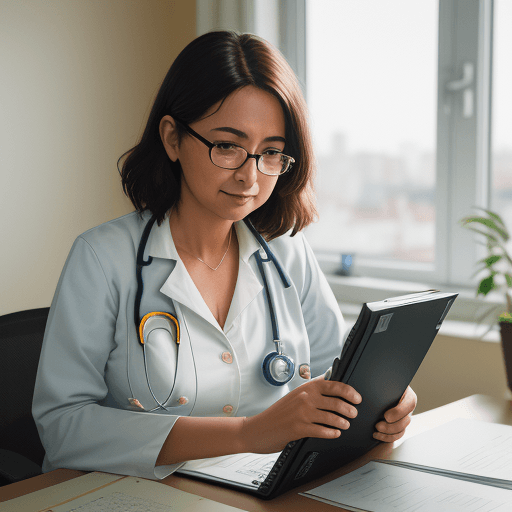 AI generated: Endearing, reliable and intelligent doctor, working at an office York City, using a Nikon Z7 II with...