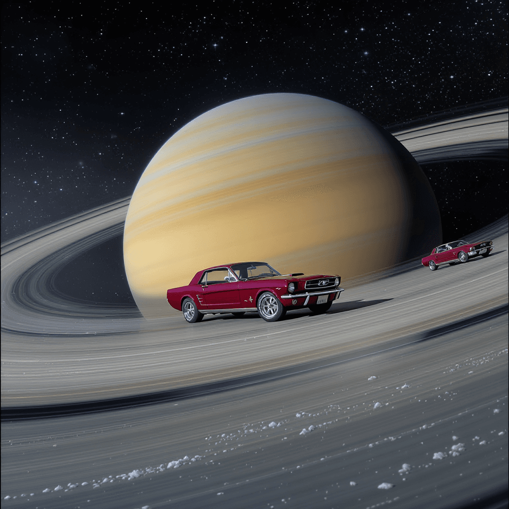 AI generated: Ultra-realistic cinematic shot from a low-angle perspective ON Saturn's rings. A 1960 red Ford Musta...