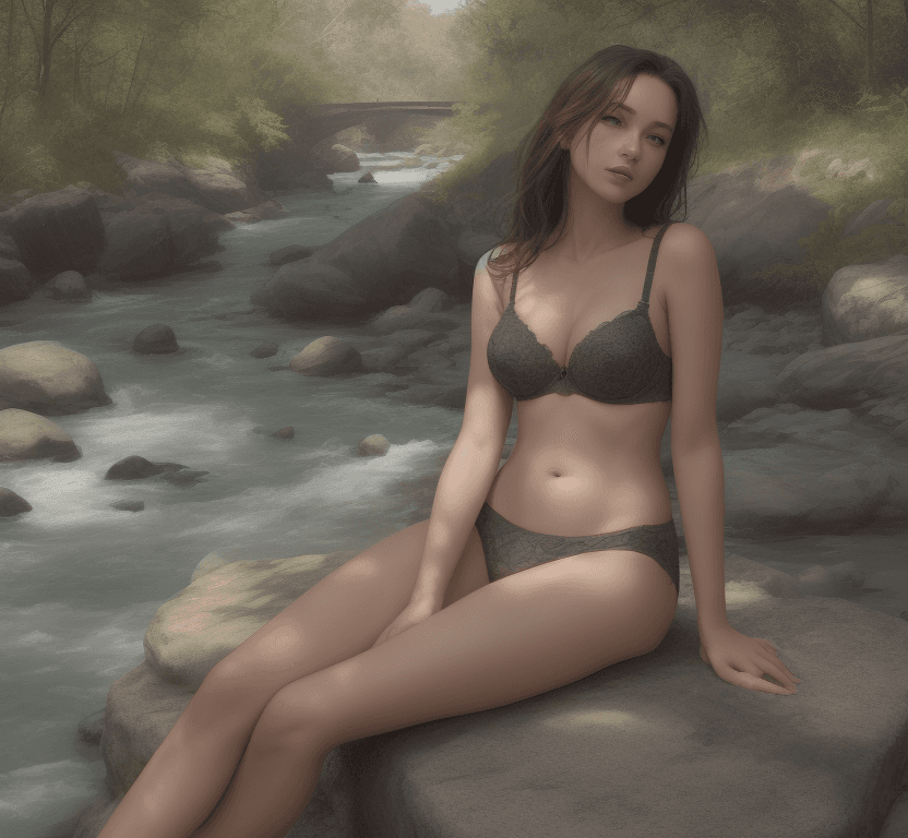 AI generated: a lady wear bra by the river
