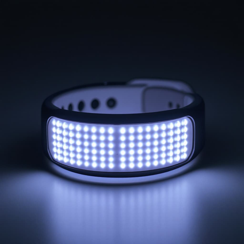 AI generated: led concert wrist band - that is lit up has a white hardware display, showing lights
