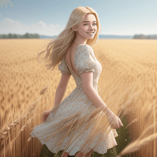 AI generated: portrait. A 20-year-old blonde girl in a light flowered dress walks through a field of eared wheat. ...