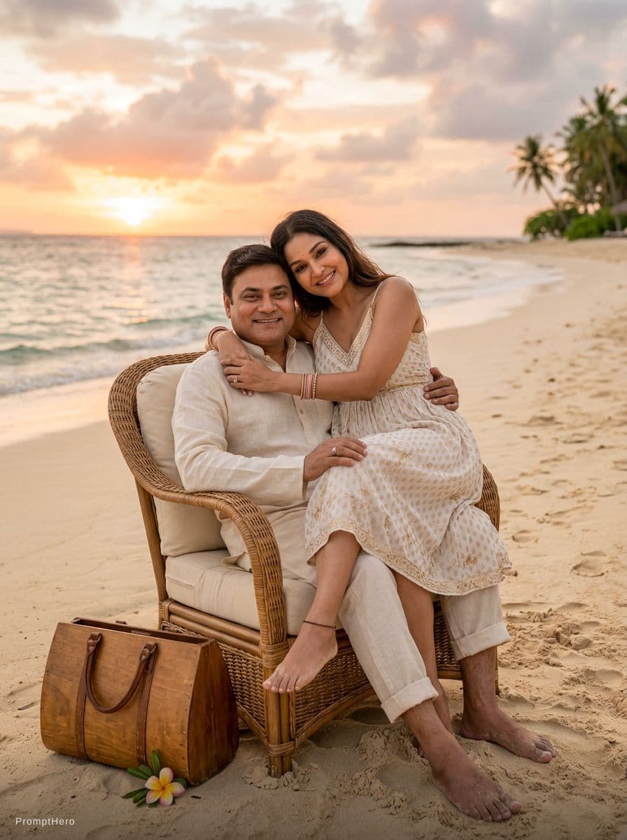 AI generated: Make them at a beach sitting in a single chair with the girl sitting on the boys lap