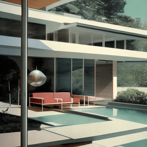 AI generated: Hyper realistic eye level exterior photo of a mid century modern style house overlooking the ocean, ...