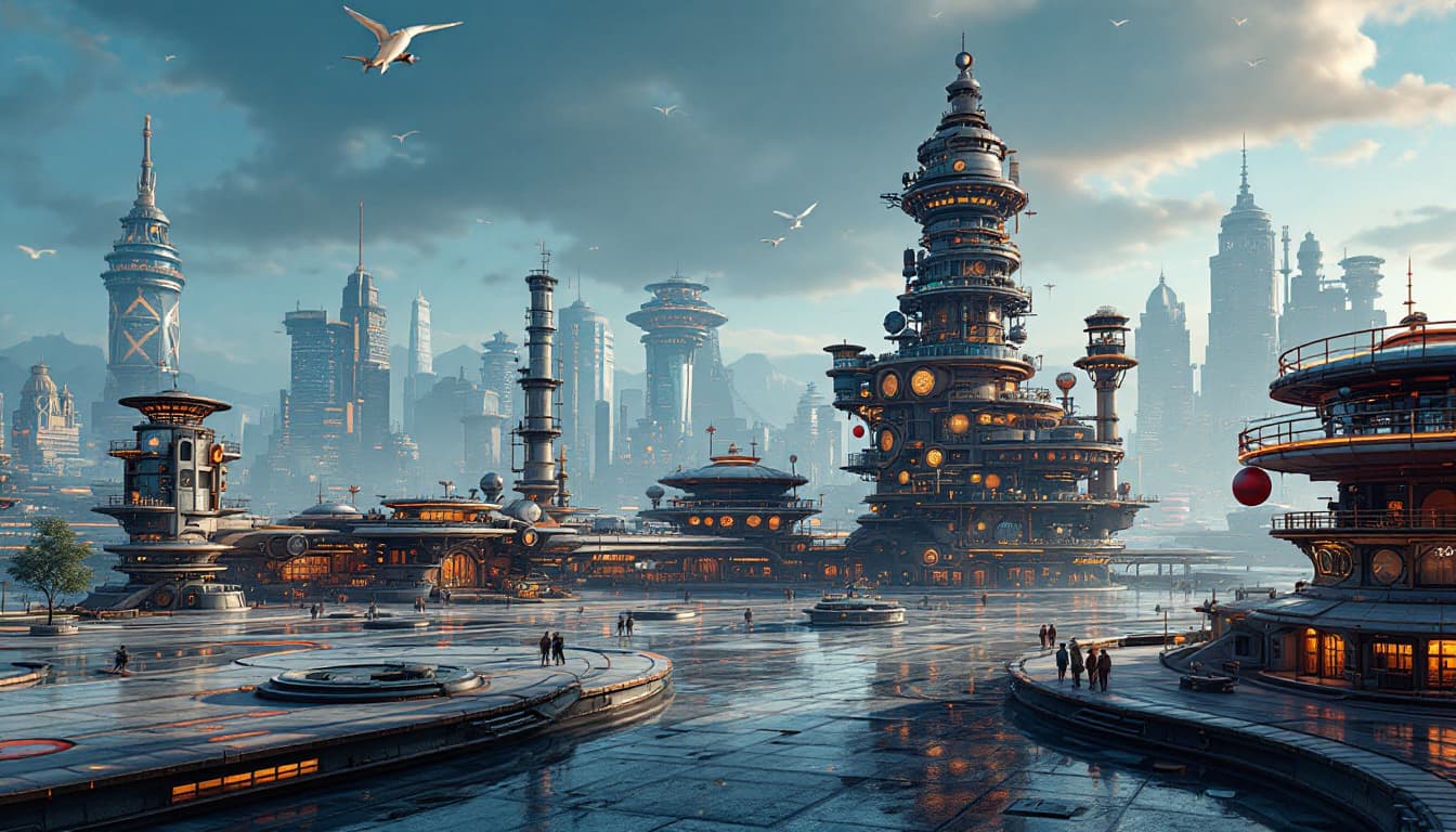 AI generated: A retro-futuristic  Steampunk Architecture "Airport", Poster art,HDR, retro futuristic  circa early ...