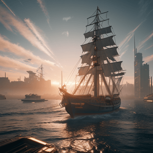 AI generated: "Photo of a realistic sailing ship, dramatic light, pale sunrise, cinematic lighting, battered, low ...