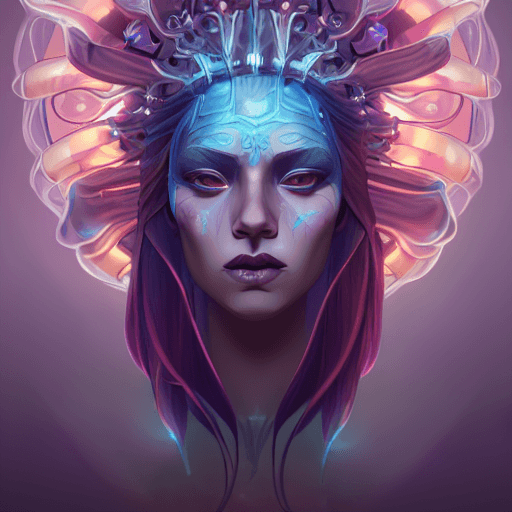 AI generated: goddess close-up portrait ribcagel. jellyfish phoenix head, nautilus, orchid, skull, betta fish, bio...