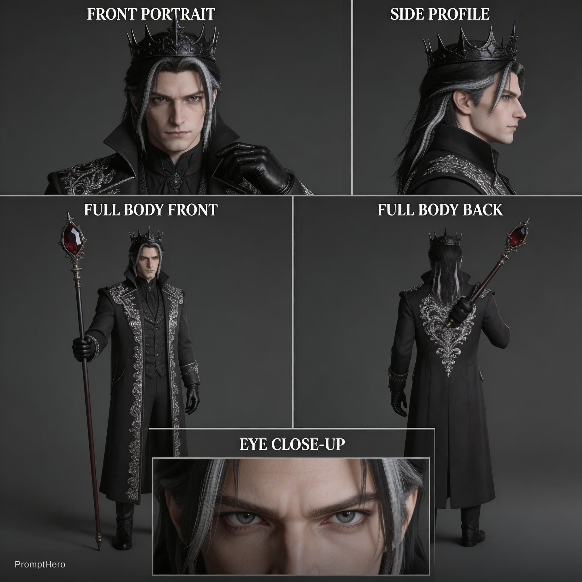 AI generated: character sheet of a dark gothic evil king, Victorian dark fantasy aesthetic inspired by Sweeney Tod...