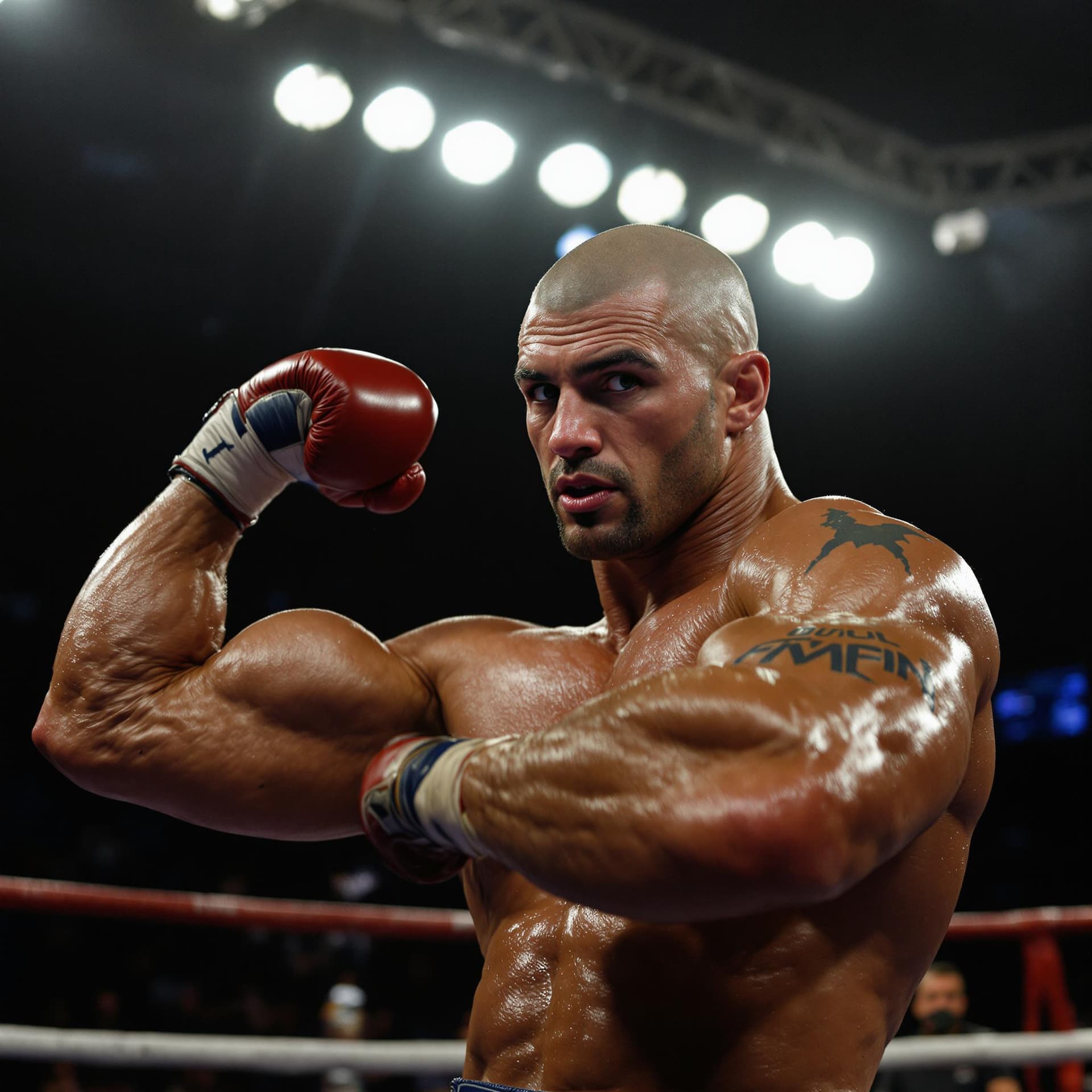 AI generated: In the photo, the muscular boxer looks at the camera and flexes his chiseled biceps in the ring, swe...