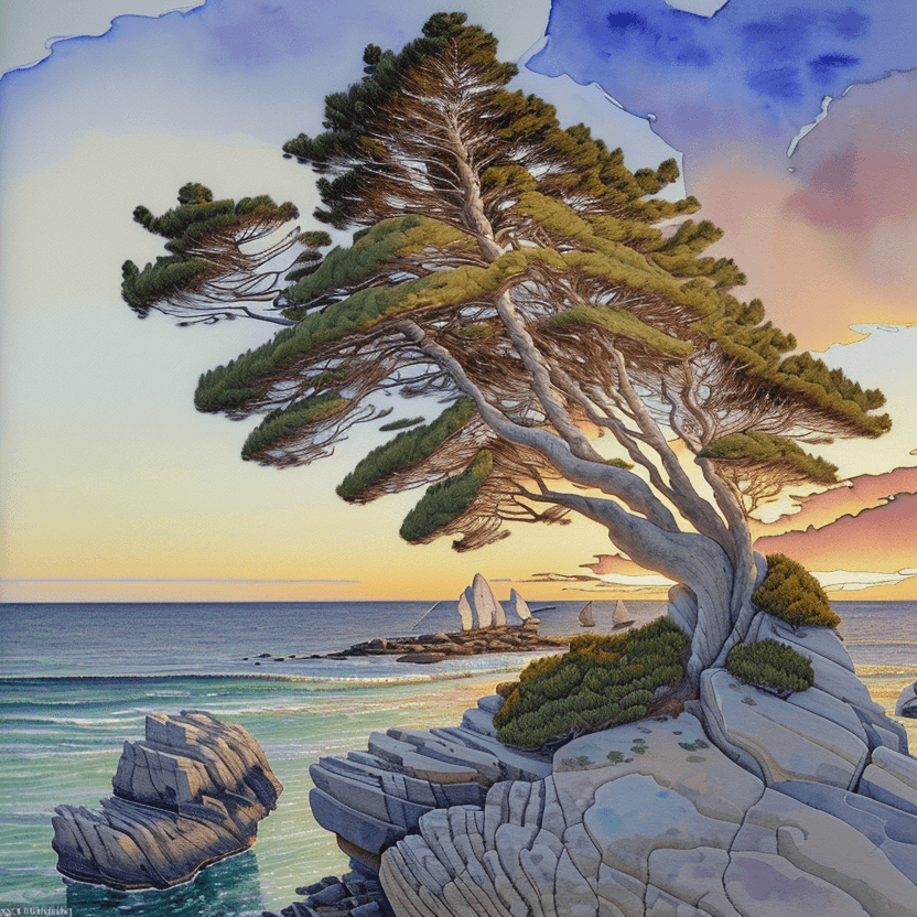 AI generated: a painting of a tree sitting on top of a rock, a watercolor painting, inspired by Arthur Lismer, cg ...