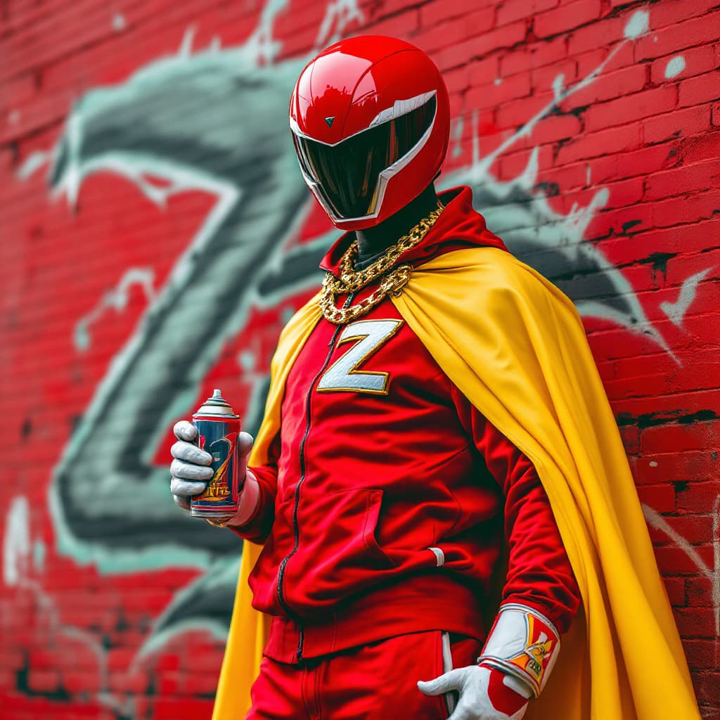 AI generated: Hyper real A blackman, with a red power ranger like helmet, in a red track suit with a gold chain th...