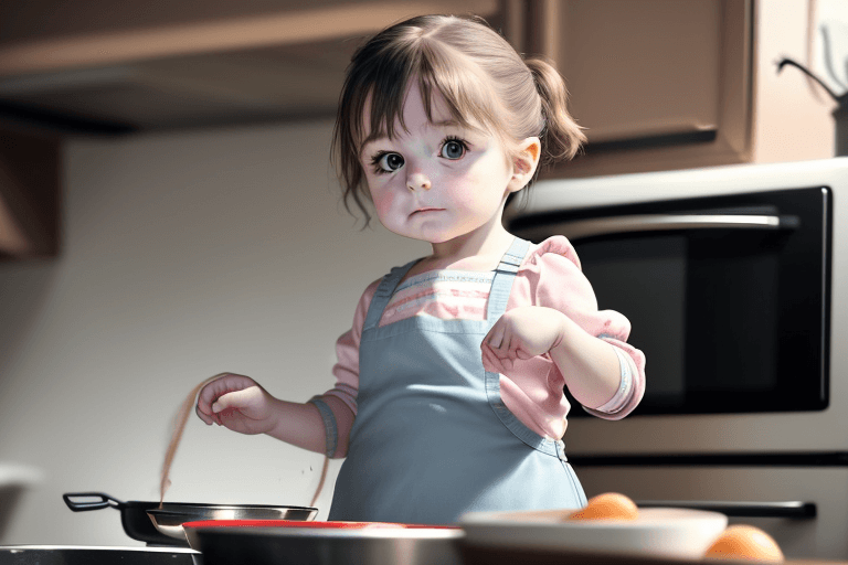 AI generated: (portrait:1.3, little child:1.8, little girl:1.8, standing:1.2, cooking;1.3, commercial advertising ...