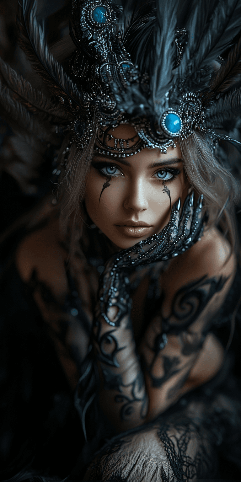 AI generated: A beautiful pale skin girl with intricate metalwork and feathers in her hair, dark fantasy, fantasy,...