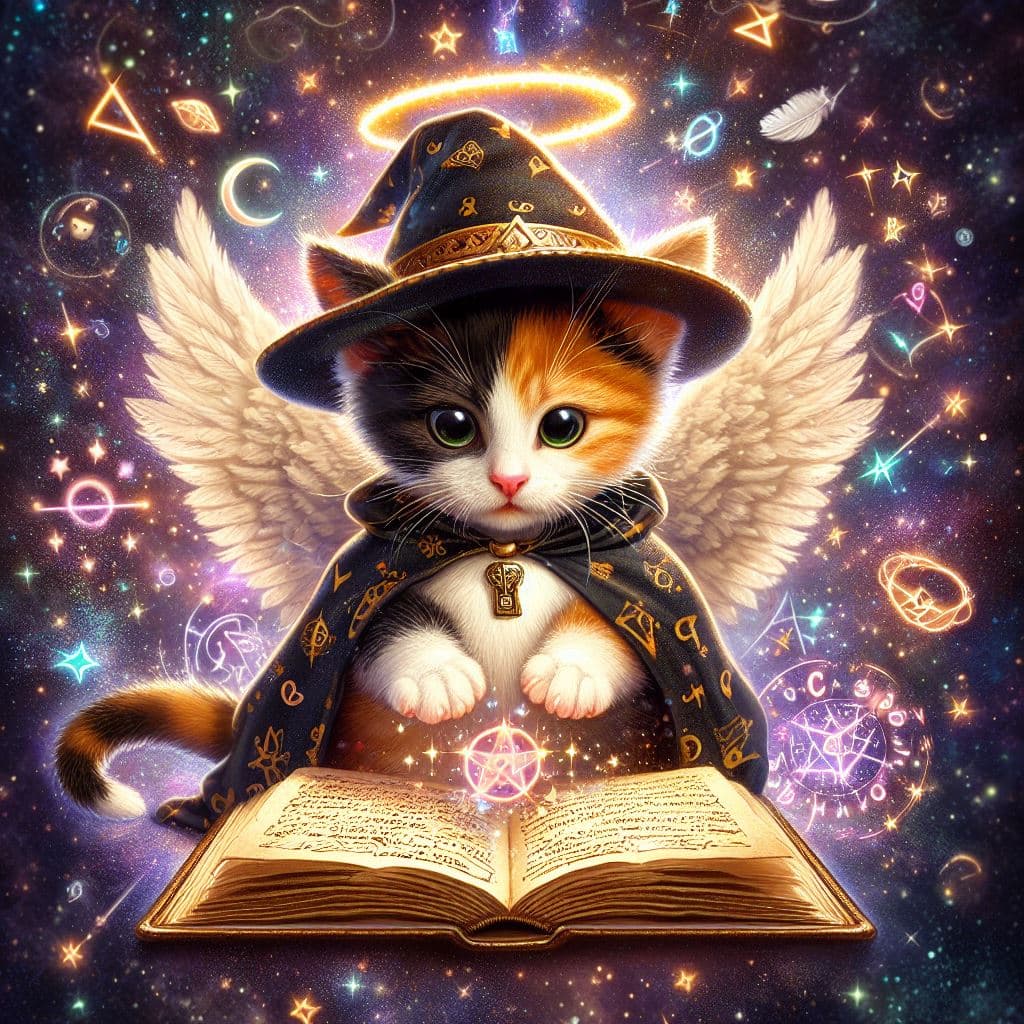 AI generated: An adorable calico kitten wearing a wizard hat and cloak, surrounded by magic symbols and mystical s...