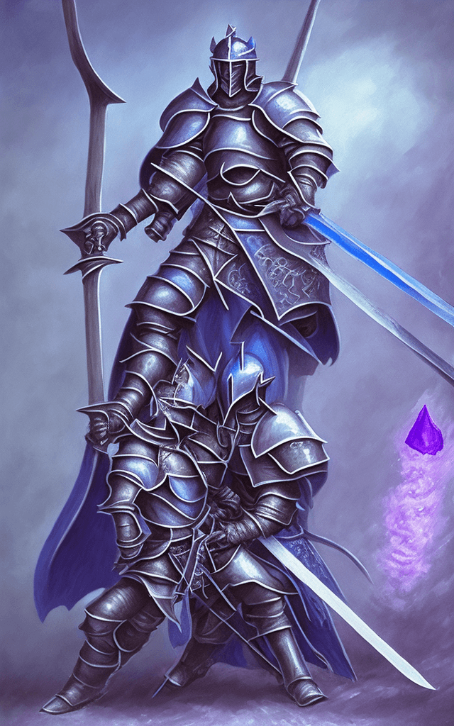 AI generated: a blue knight slaying a purple demon with an enchanted longsword