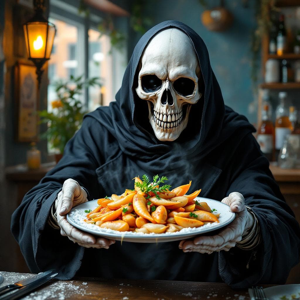 AI generated: Quiero la imagen de la muerte ofreciéndome un plato de almejas recién hecho. La imagen tiene que ser...