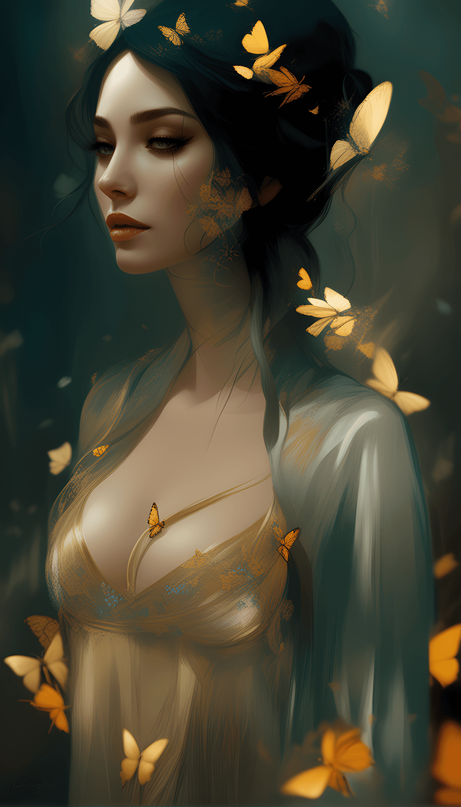 AI generated: a painting of a woman with butterflies in her hair, beautiful fantasy art portrait, elegant cinemati...