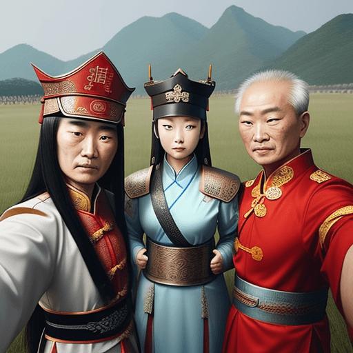 AI generated: shot from selfie,3 Ancient Chinese generals on the battlefield