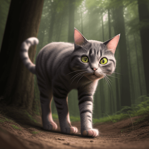 AI generated: cat stalking its prey, front view, front facing, stealthy, forest background, dof, award winning wil...