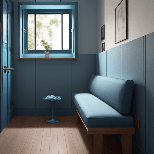 AI generated: Small rest room, in a blue tone, with sofa and bench with coffee and water