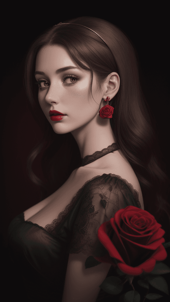 AI generated: 8k, RAW photo, Fujifilm, style photo of a beautiful 25 year old woman, square face, a red rose on th...
