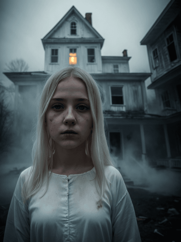 AI generated: (white ghost 1girl), (beautiful face), an abandoned house in the background, spooky atmosphere, cold...