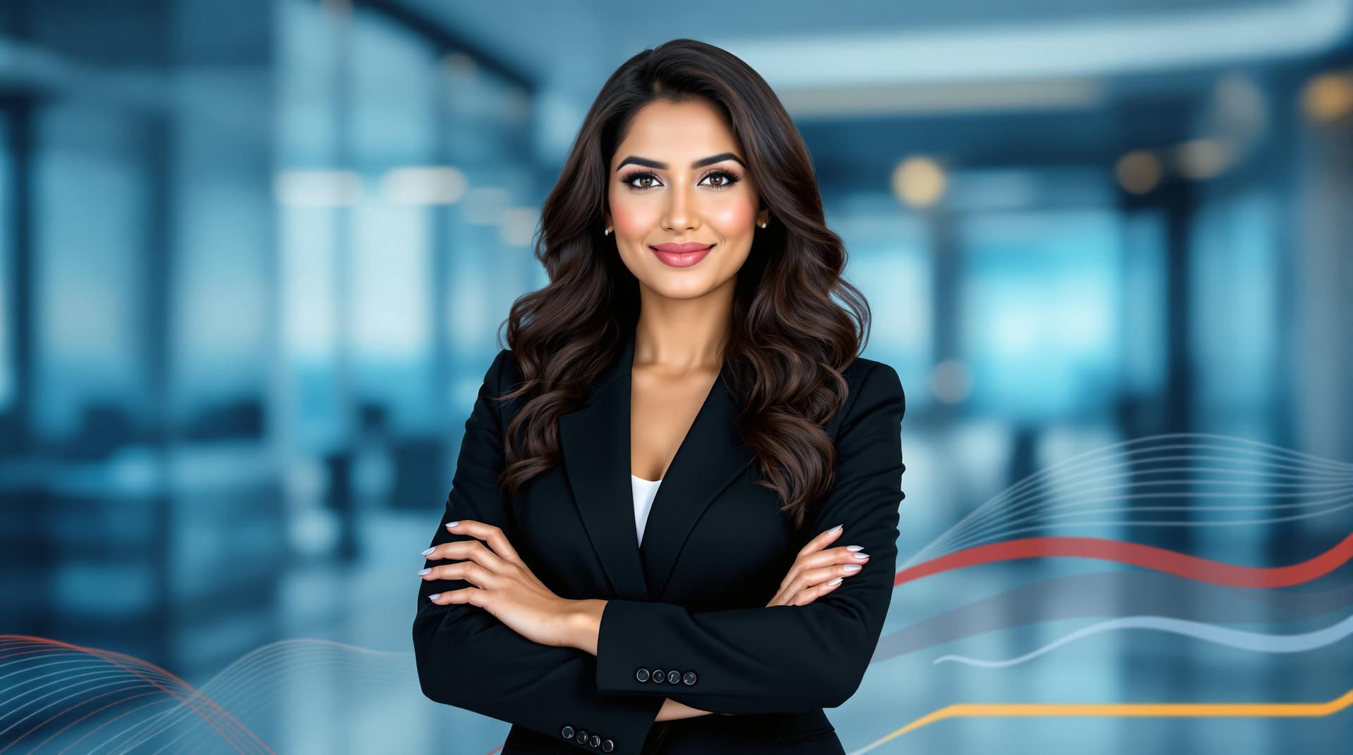 AI generated:  "A professional Indian businesswoman with long, wavy brown hair, wearing a stylish black blazer and...