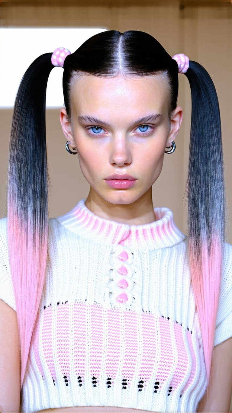 AI generated: Vogue Runway Model with long Pigtails in the style of candycore hair, pale skin and light pink lips ...