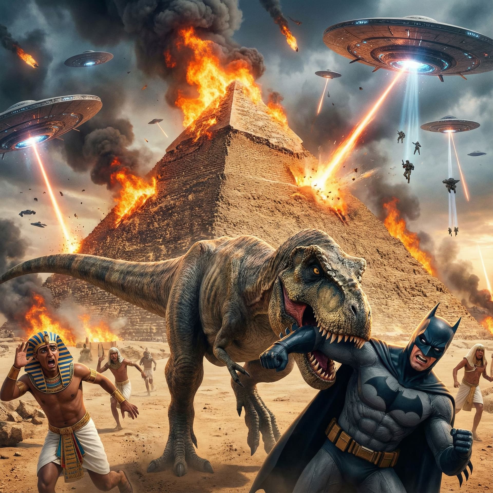 AI generated: uma piramide do antigo egito pegando fogo e alieniginas invadindo a terra enquanto isso acontece o t...