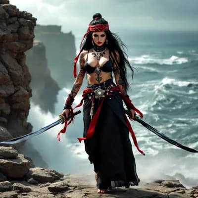 AI generated video: The woman raises her swords in a guard position, the wind moves her hair and clothes, the sea is sto...