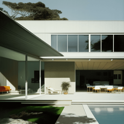 AI generated: Hyper realistic eye level exterior photo of a mid century modern style house overlooking the ocean, ...