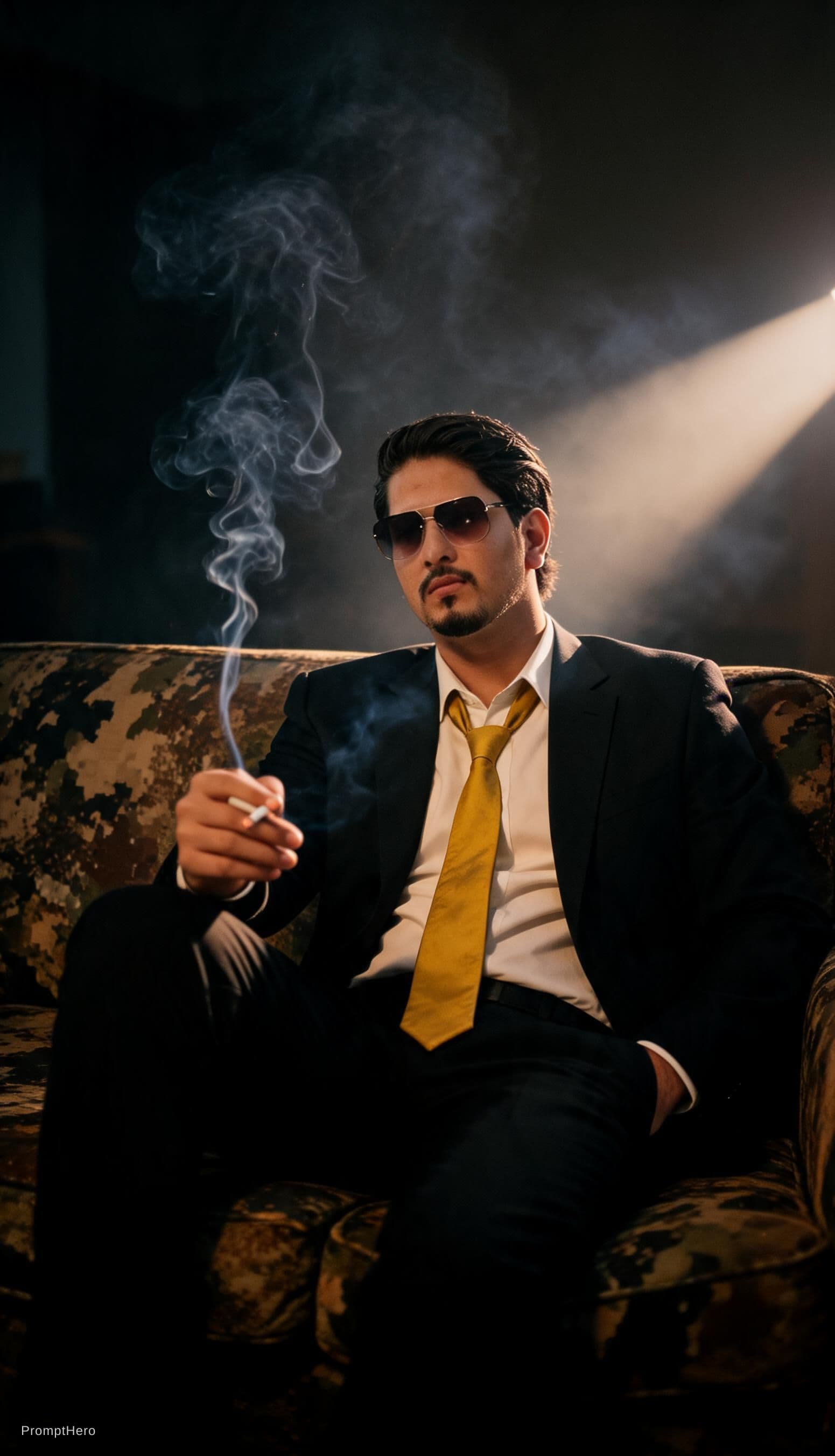 AI generated: photography, cover shoot, dimly lit room with a hazy atmosphere, capturing a professional male model...