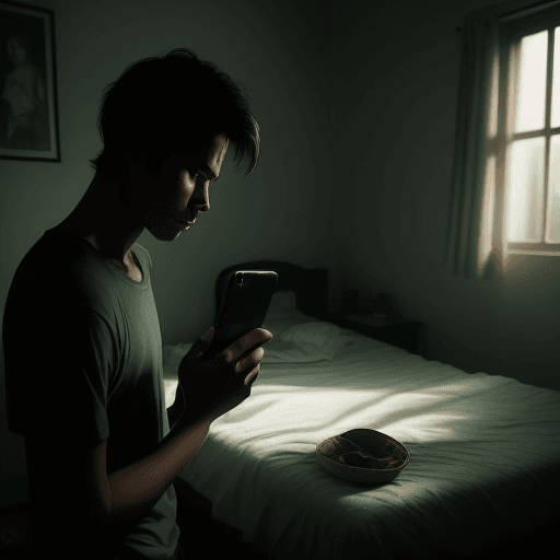 AI generated: "A melancholic scene of a man in his room, staring at his phone with a bittersweet expression. The r...