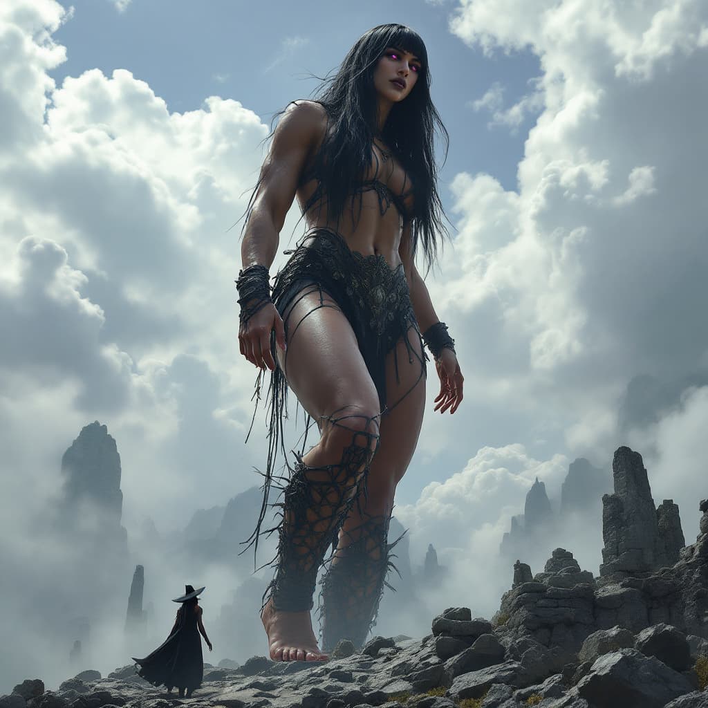 AI generated: enormous giantess female Rhea Ripley from WWE with black medium length hair and straight bangs, bigg...