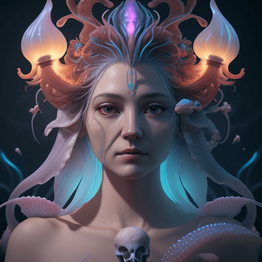 AI generated: Goddess close-up portrait ribcagel. jellyfish phoenix head, nautilus, orchid, skull, betta fish, bio...
