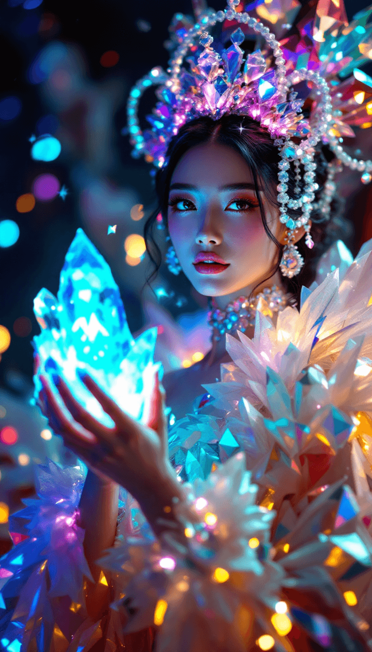 AI generated: photo of a glamorous Japanese queen wearing a haute couture crystal gown, sparkling eyes, she’s hold...