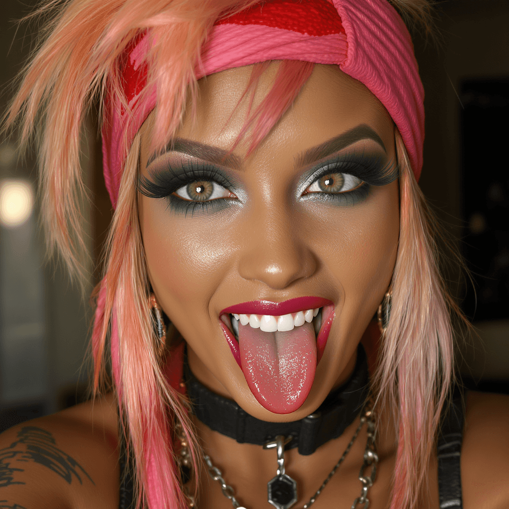 AI generated: Hyperrealism, full body, Portrait of a beautiful, stunning unique female character. tongue out, mean...