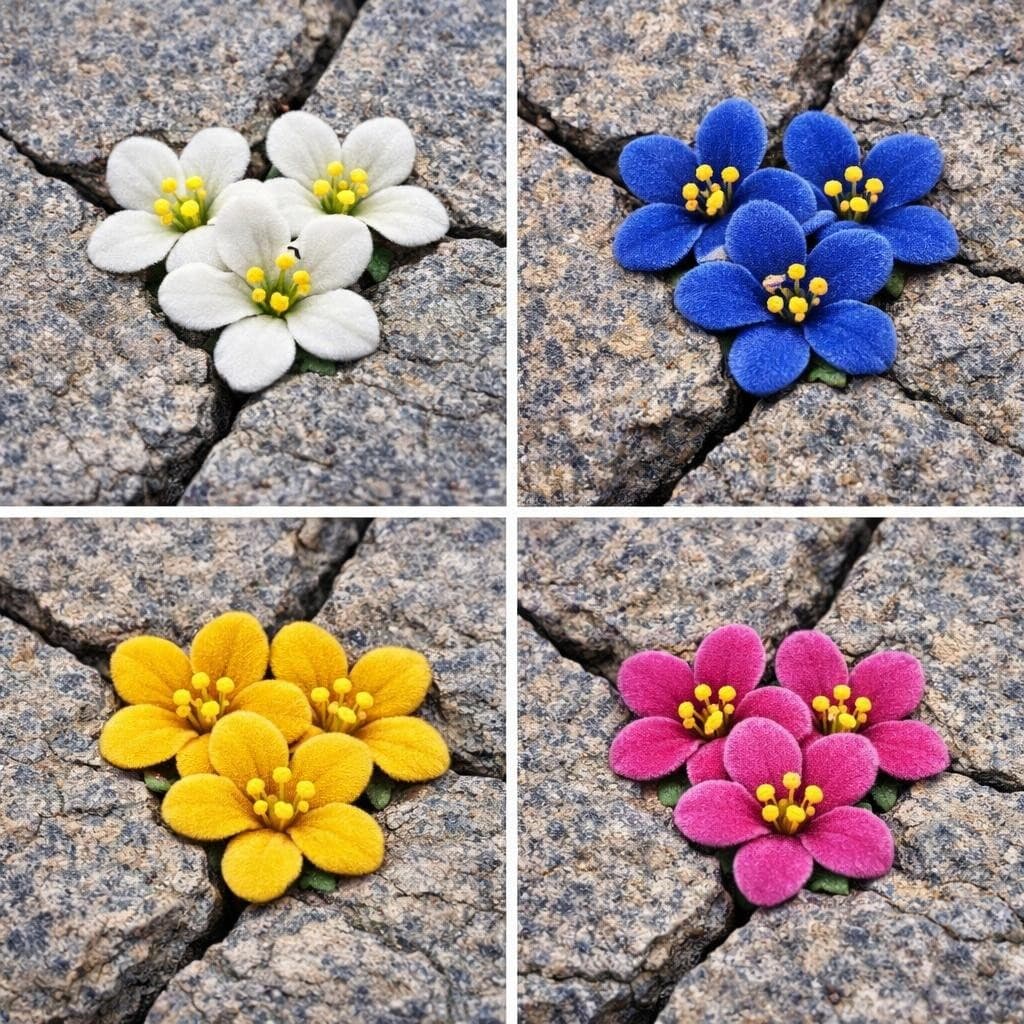 AI generated: Create a that comes in white, blue, yellow or pink flower that grows out of cracks in rocks but bloo...