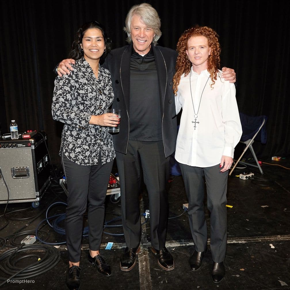 AI generated: Front view, hyper-realistic, full-length shot.backstage together at a concert
