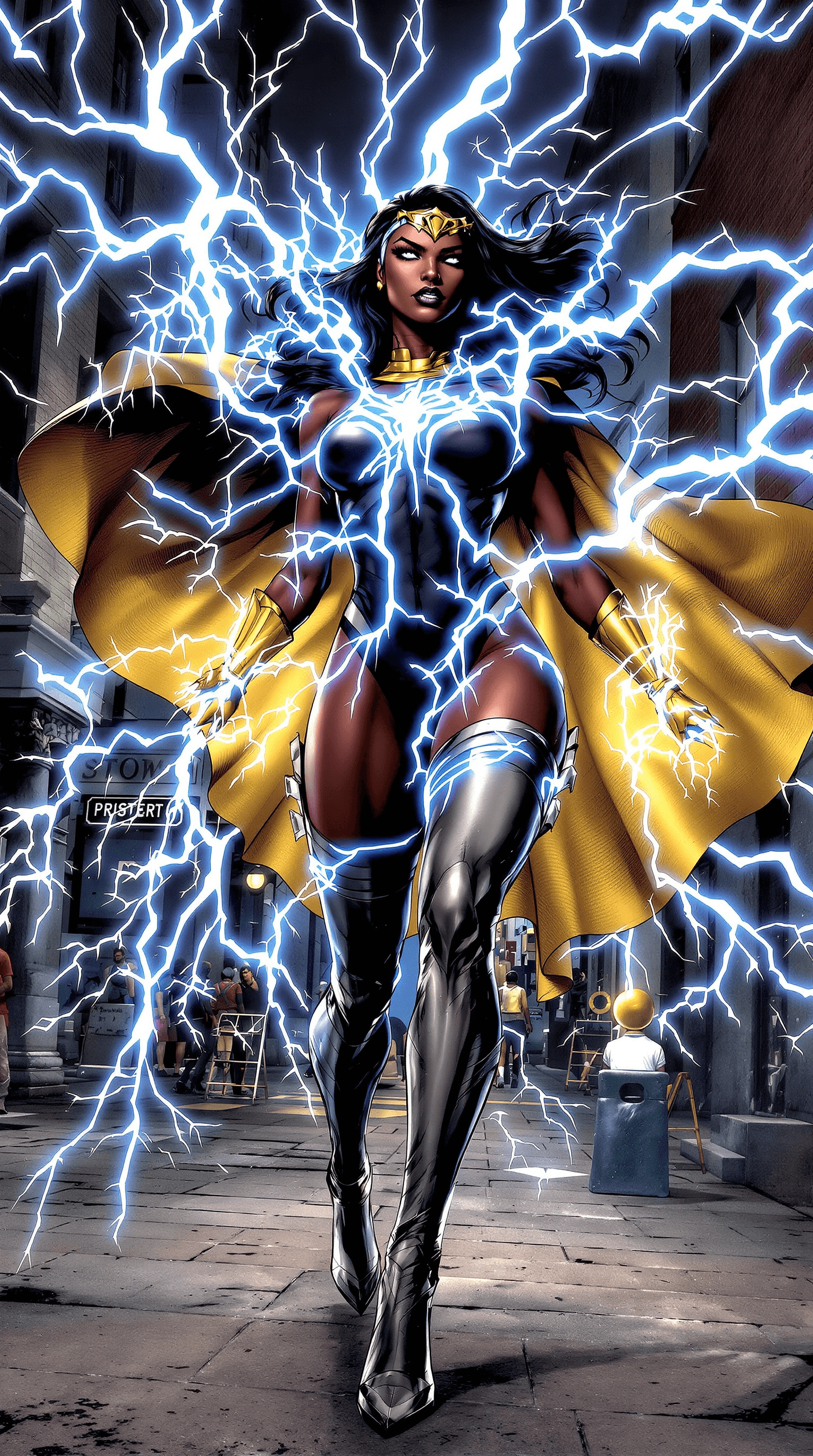 AI generated: Marvel Comics Storm, action photograph  bracer, cape, dark-skinned female, electricity, headgear, hi...