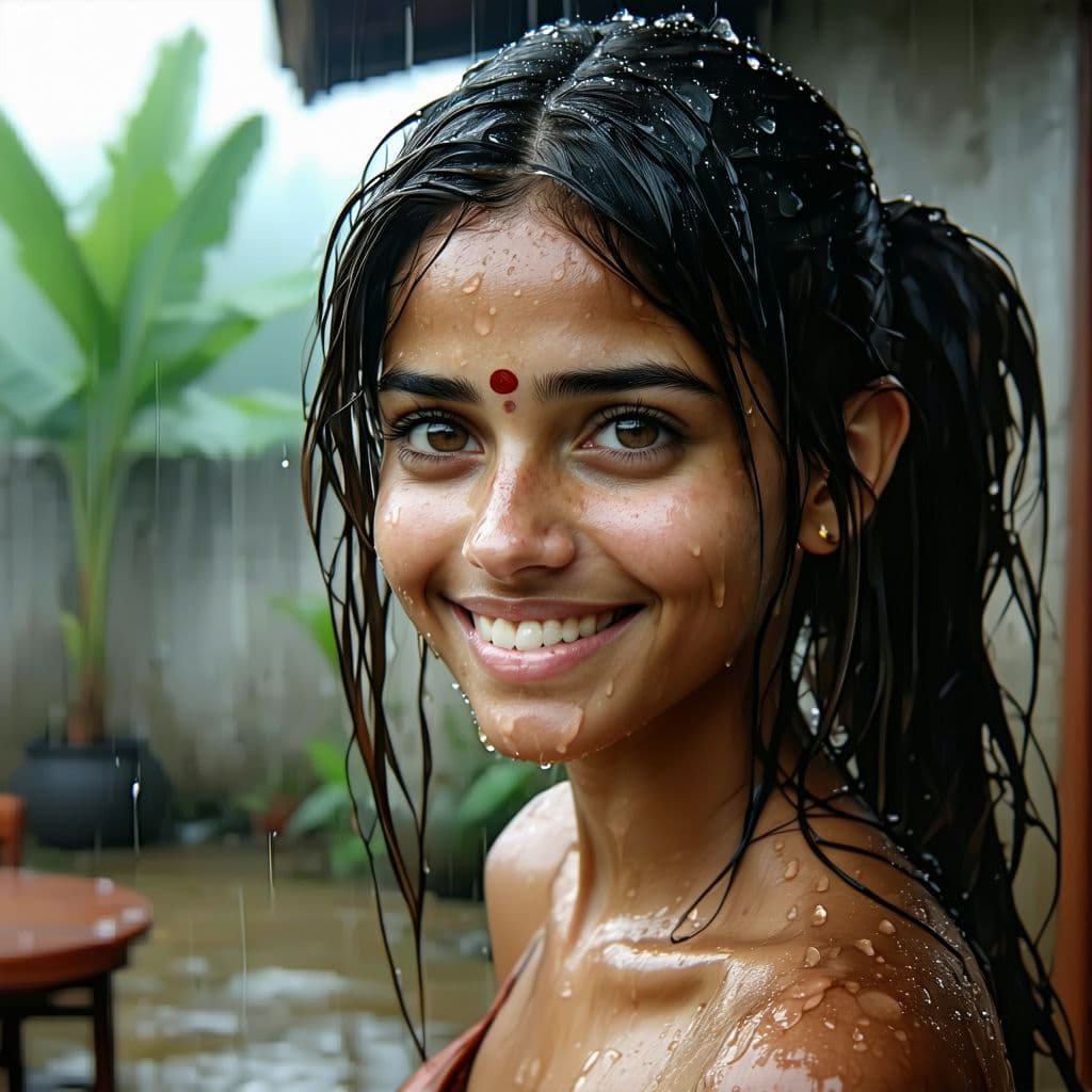 AI generated: highly detailed <lora:Ira_Delib:1.0> a young indian woman, full body, rain, rooftop, smiling, wet ha...