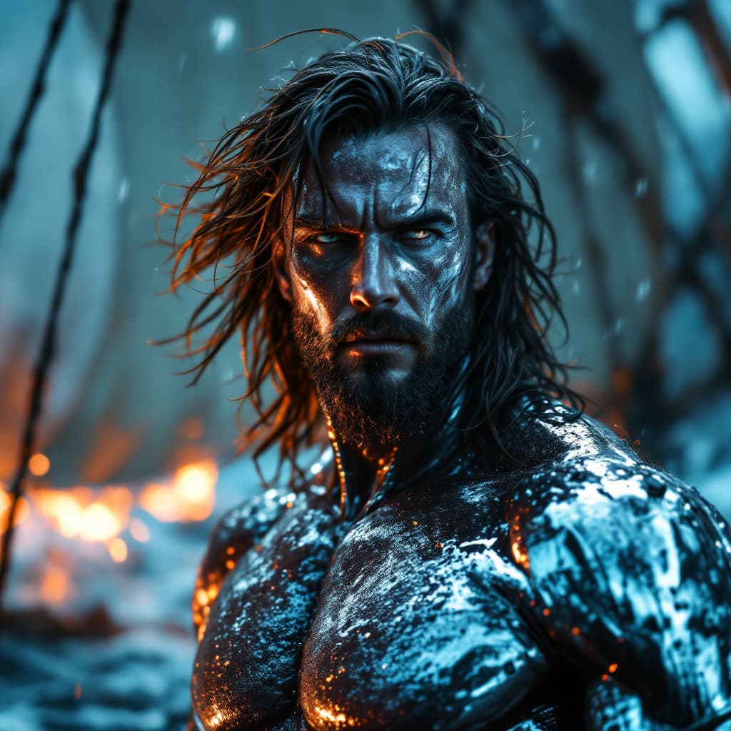AI generated: A close-up of a heroic chrome figure, standing tall at the bow of a ghostly ship, cutting through th...