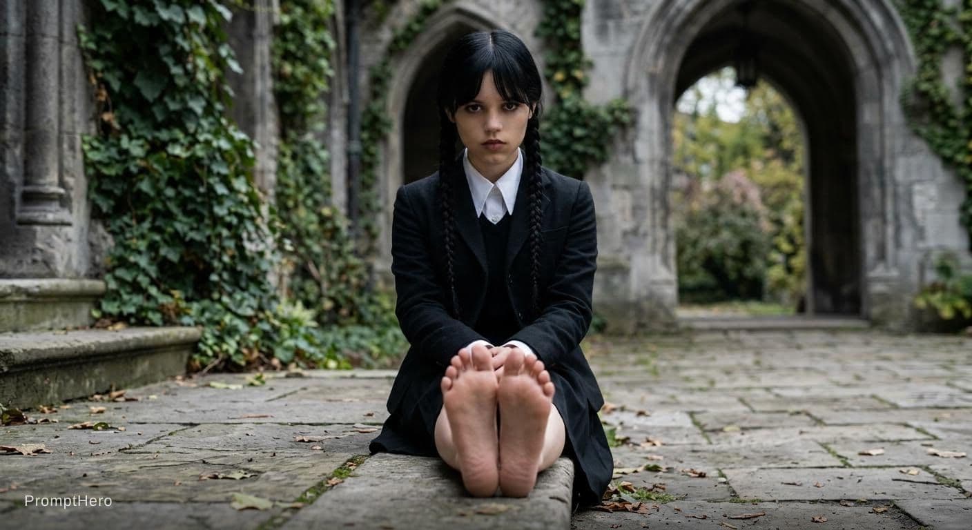 AI generated: Jenna Ortega as wednesday showing her feets to camera 
