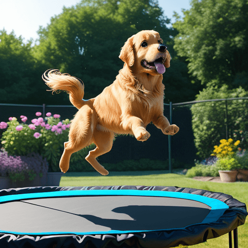 AI generated: Pixar style Golden retriever, jumping on trampoline, garden in background, sharp focus on image, 