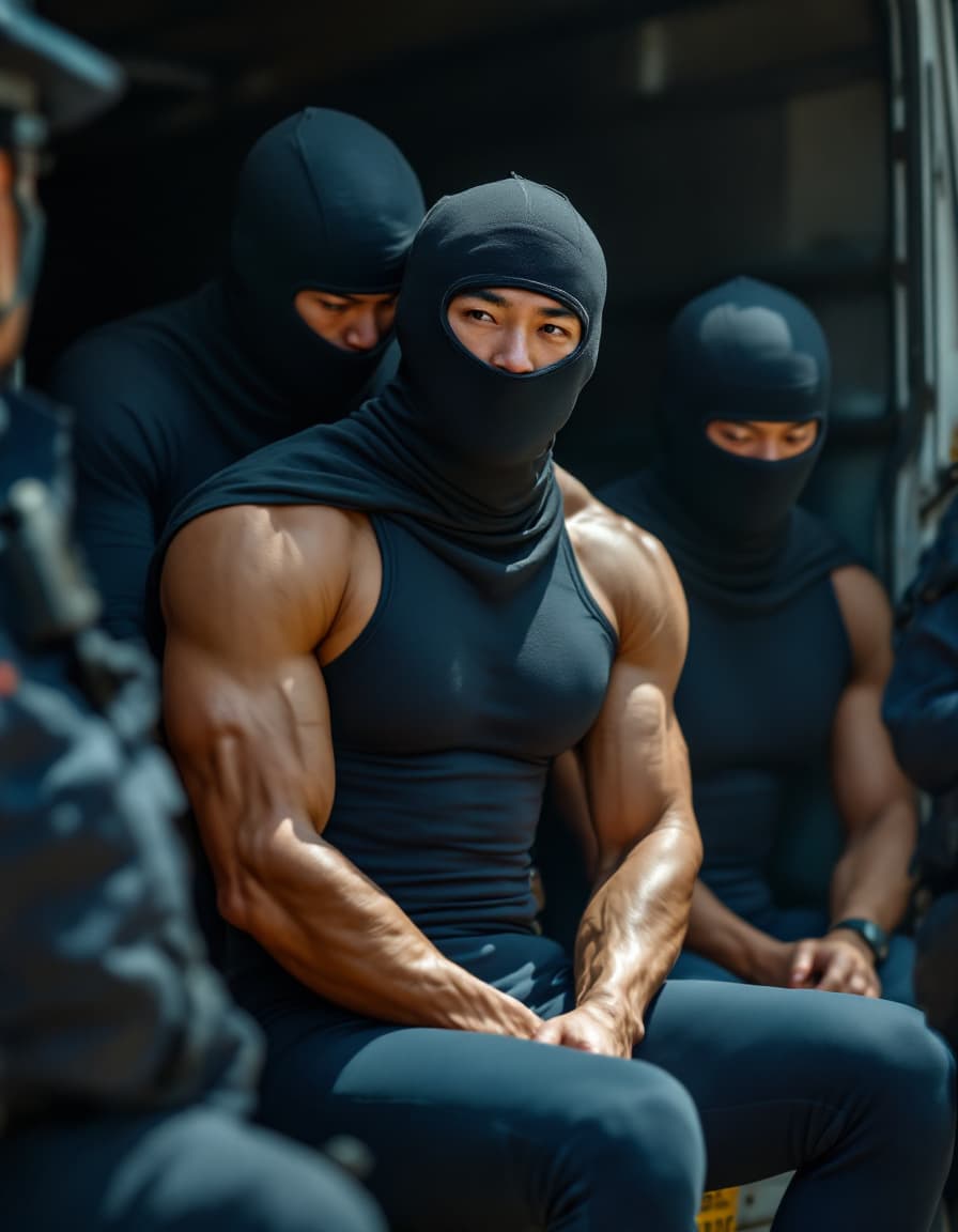 AI generated: Three muscular male Asian Chinese wear tight navy colour compression jammers arrested by policemen i...