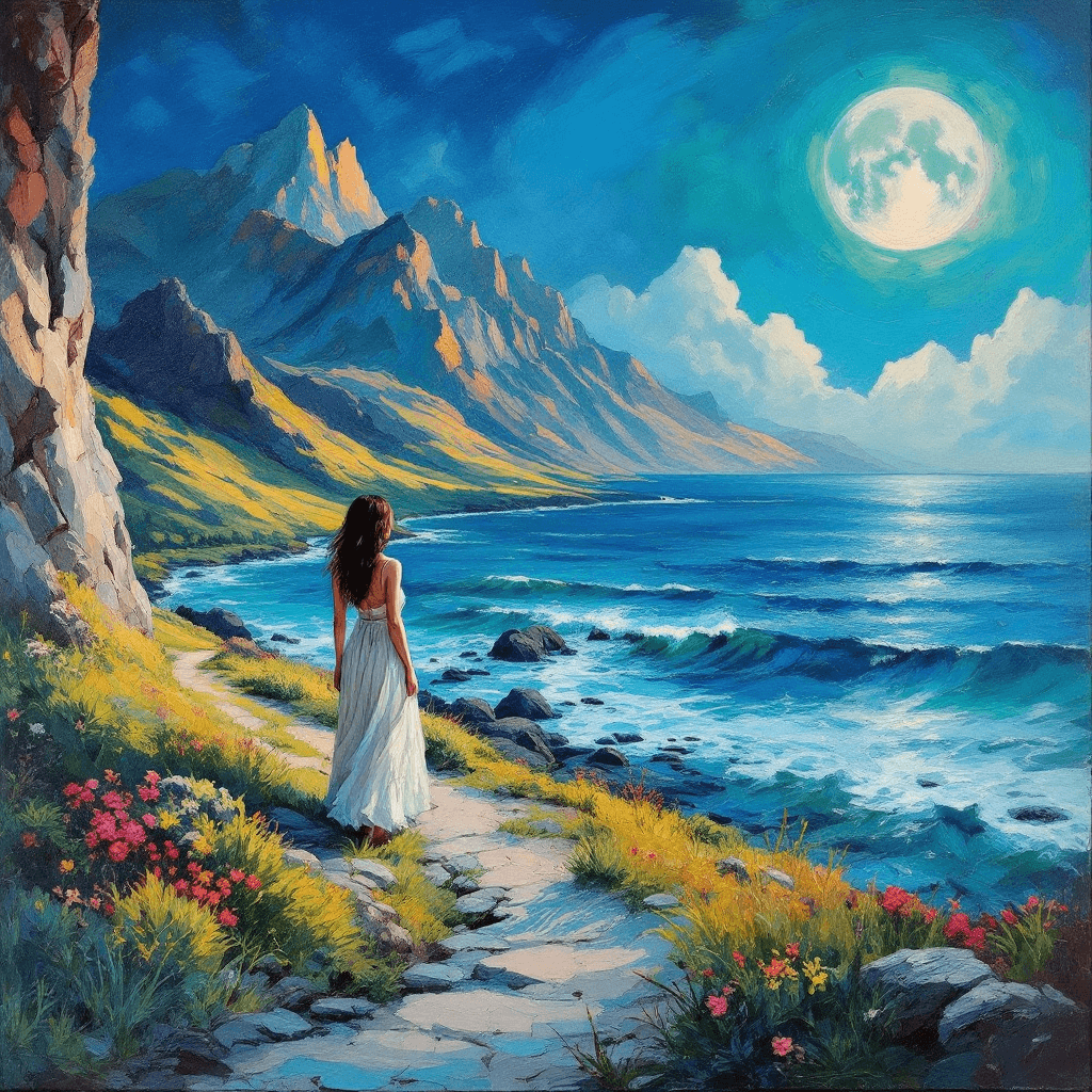 AI generated:  Oil painting alla prima, impasto, underpainting. She looks back at the path she has traveled from t...