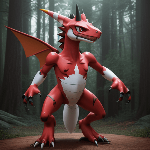 AI generated: A full body photo shot of Iconic Digimon (Guillmon) , with colors red and white with black markings,...