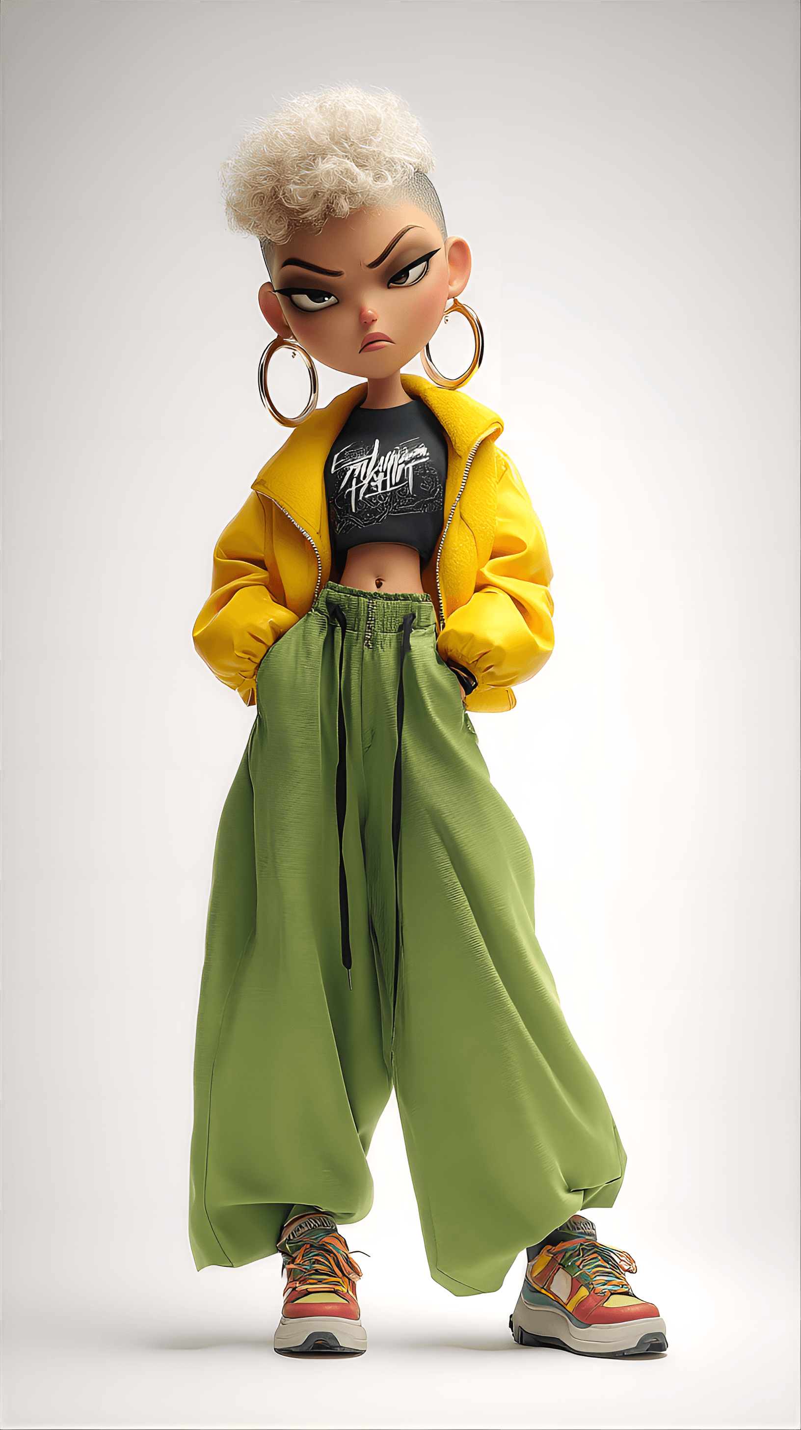 AI generated: cute caricature chibi, bold chibi fashion rebel, striking a power pose, the bold chibi fashion rebel...