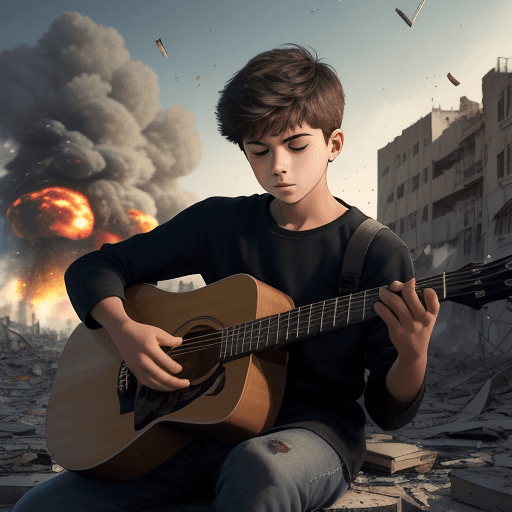 AI generated: Draw a young man reading a book with his right hand while playing the guitar with his left hand, all...