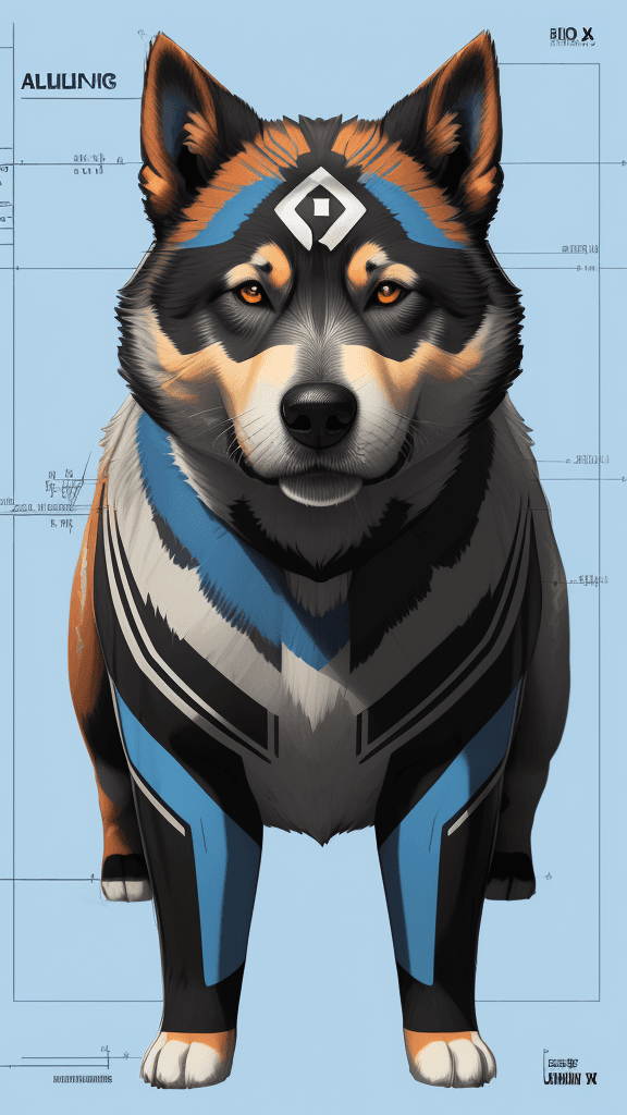 AI generated: Alpha Dog Norwegian Buhund, by Ultimate Marvel Art, digital blueprints sketch with multicolored note...